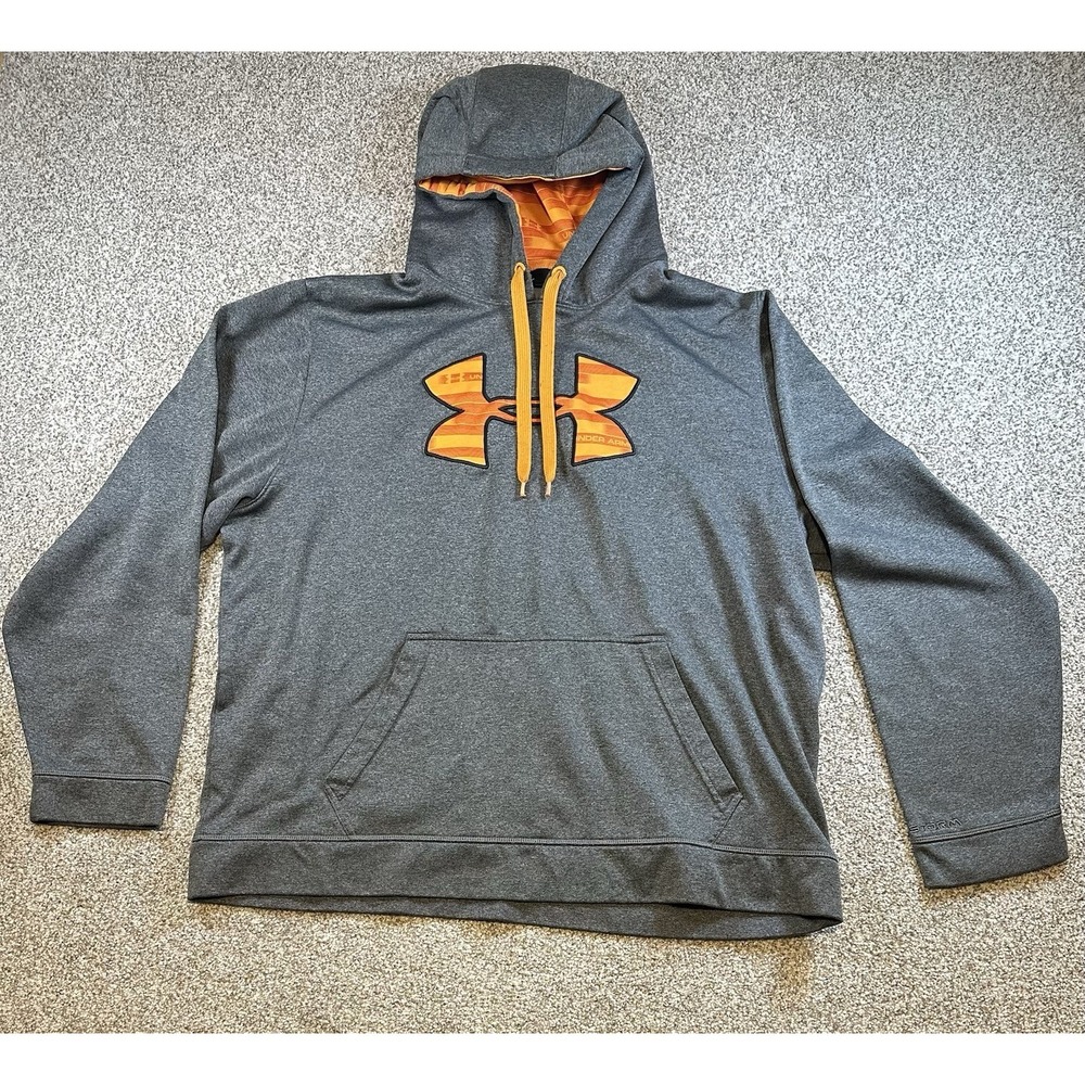 Under Armour Hoodie Mens XL Grey Orange Sweatshirt Big Logo Loose Fit Pullover